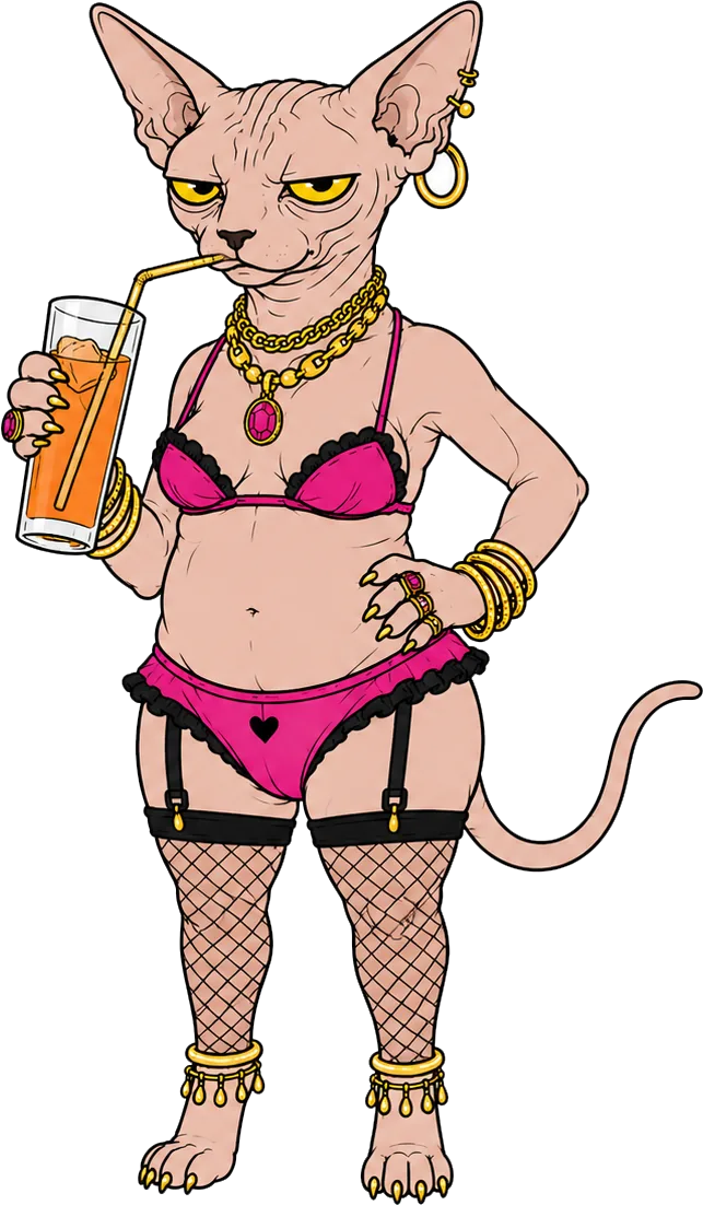 A sphinx cat in stripper-wear, which is disturbing.