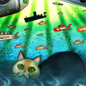 A realistic image of a cat in a submarine at the bottom of the ocean with the Titanic in the background. The image has no letters, words, or text on it. The cat has a panicked look from inside the submarine. There are dollar bills falling from the sky and the submarine is on fire.